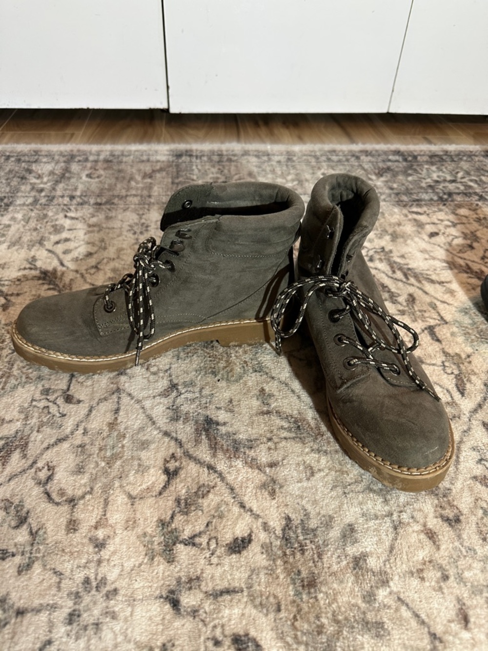 Suede Lace-Up Ankle Boots in Olive Green